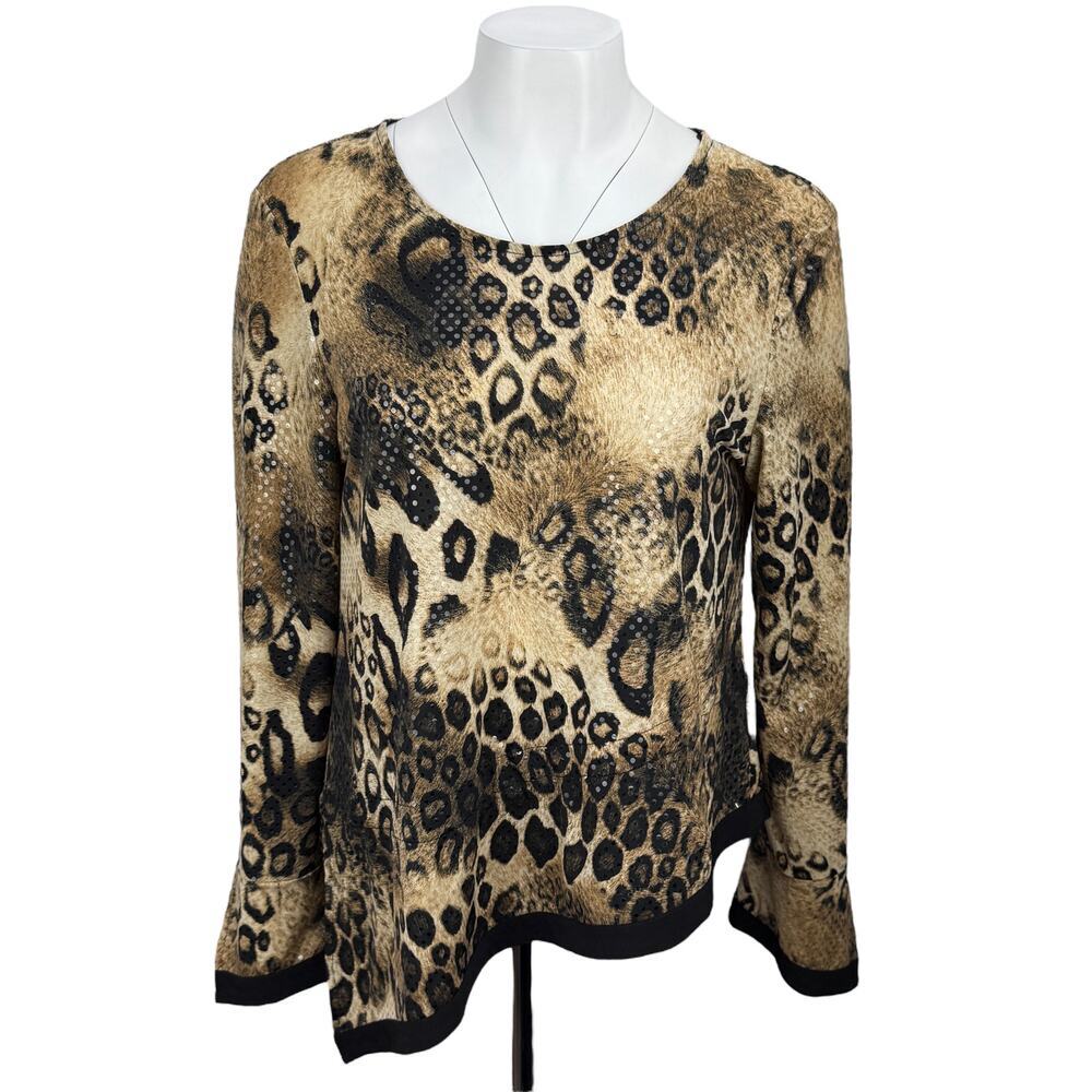 JOSEPH RIBKOFF Leopard Print Sequin 3/4 Sleeve Blouse Top Women's Sz 12